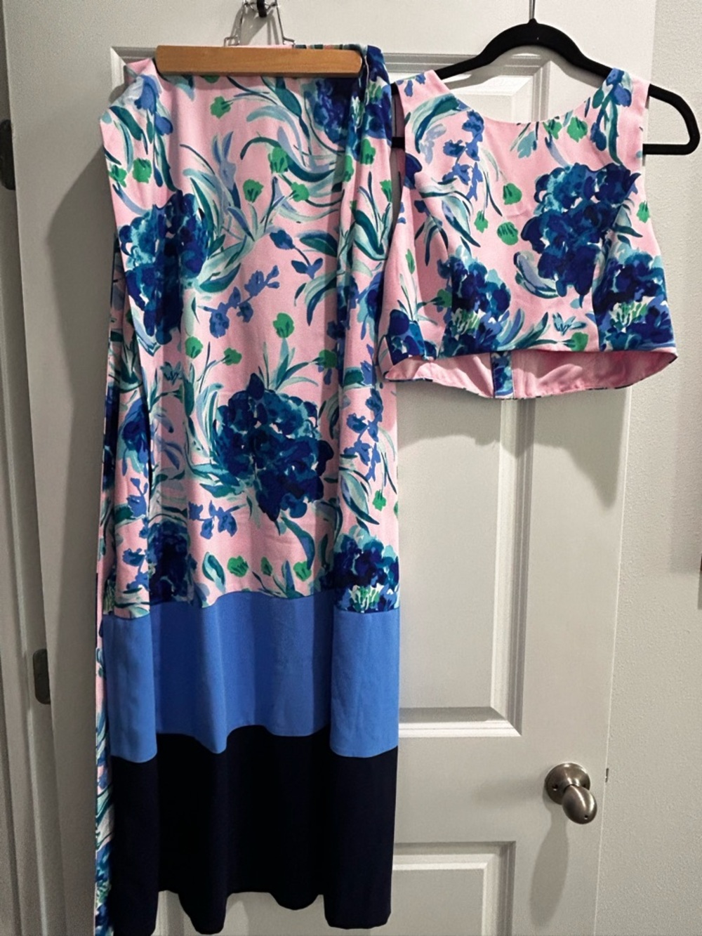 Lilly Pulitzer Pink Floral Two-Piece Maxi Dress with Blue Accents